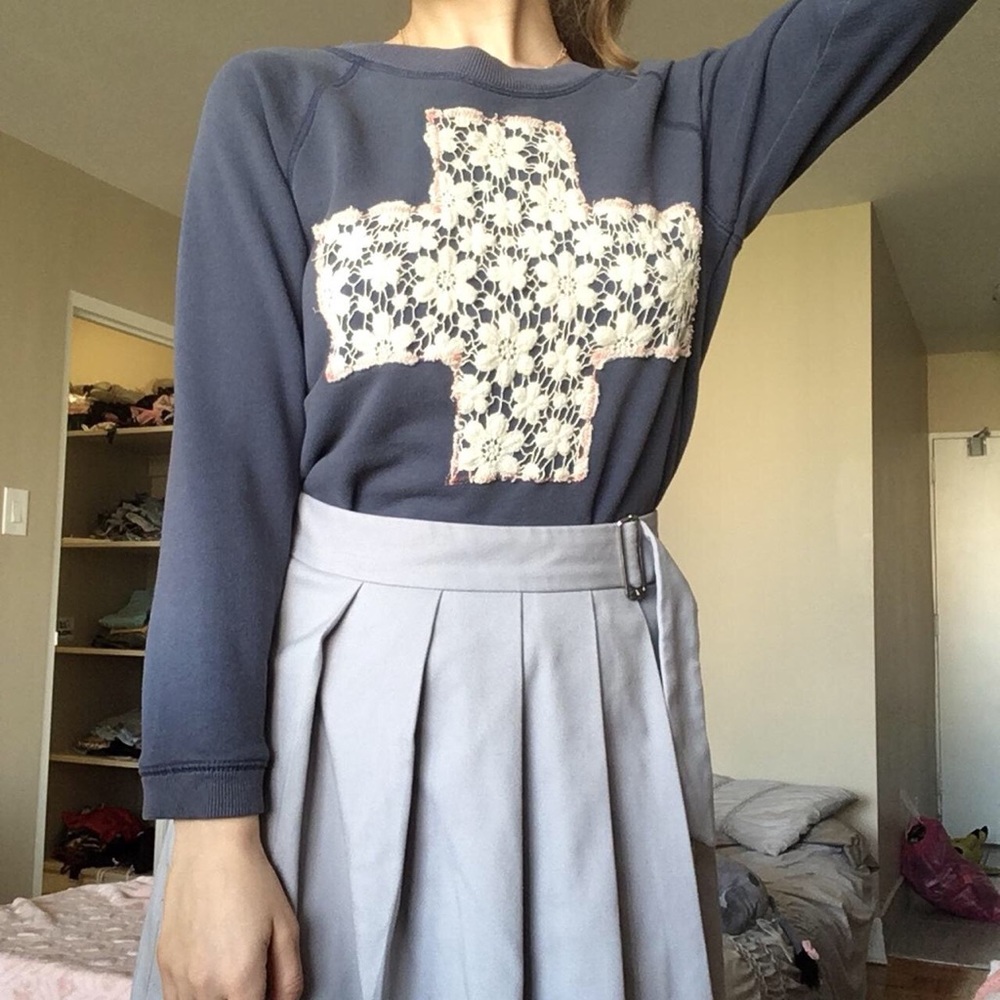 Women's Blue Sweater with Floral Cross Design